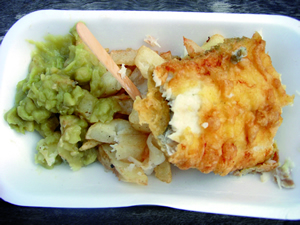Fish, chips and mushy peas